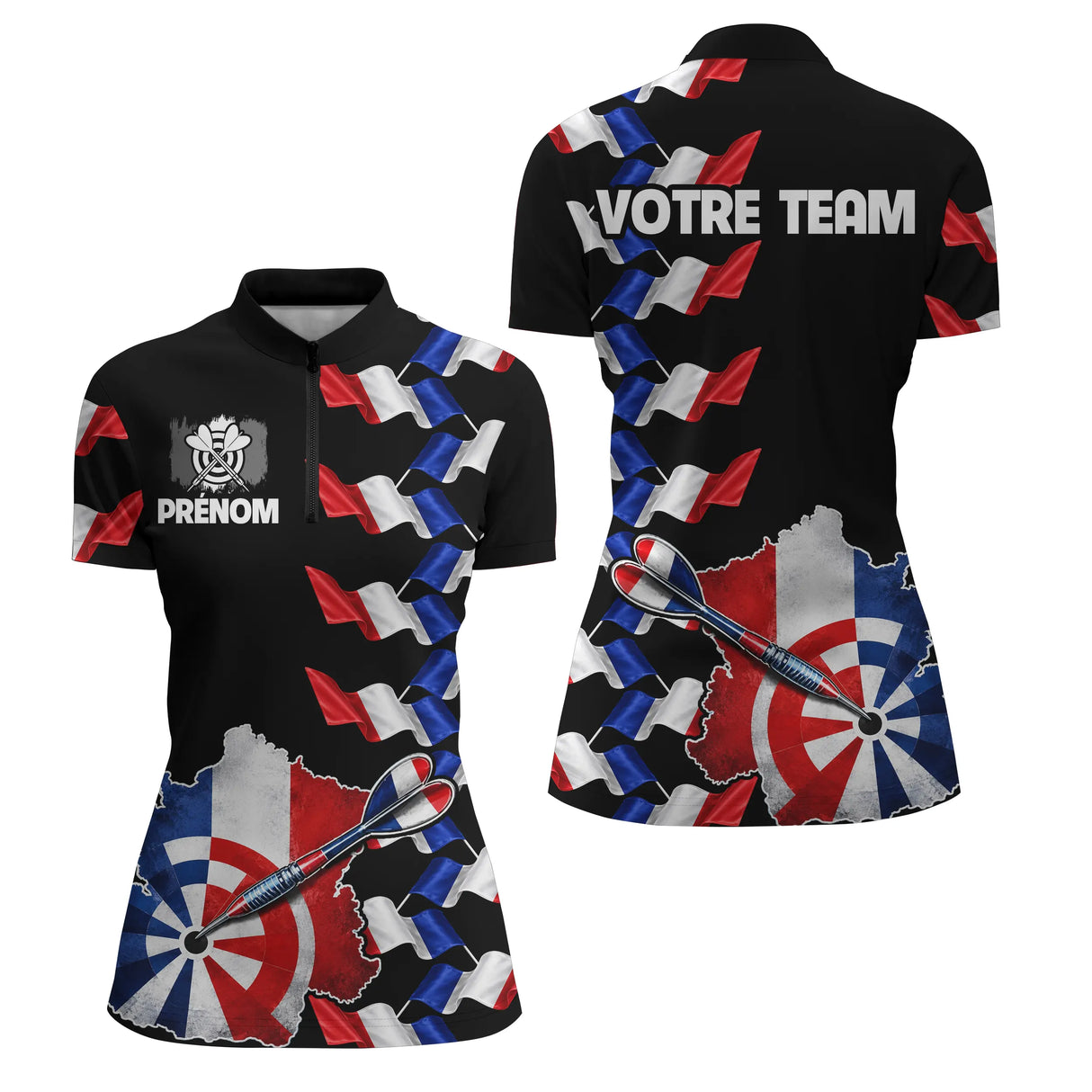 Polo Fléchettes France Noir - Design Drapeau Tricolore - Polo Zippé Femme