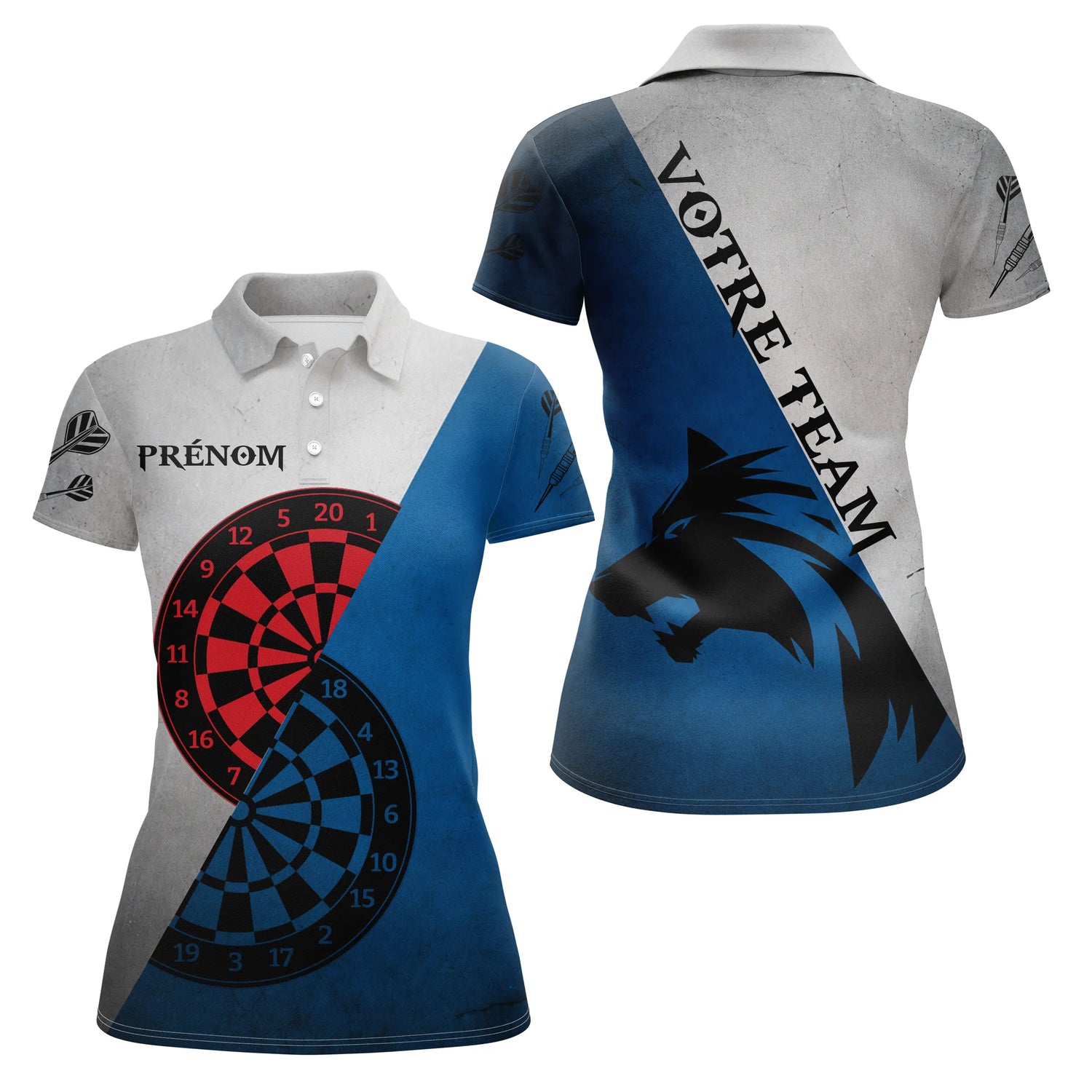 Polo Fléchettes Graphique Loup - Gris Bleu Personnalisé - Polo Femme
