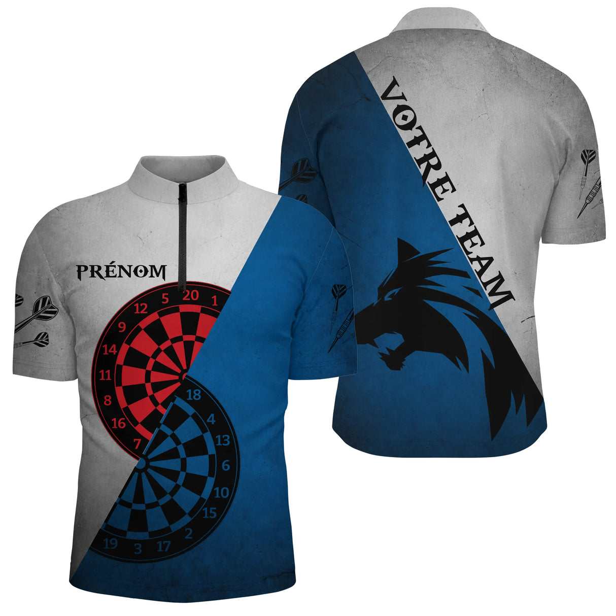Polo Fléchettes Graphique Loup - Gris Bleu Personnalisé - Polo Zippé Homme