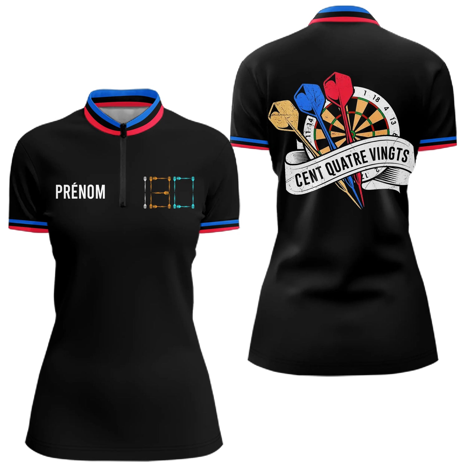 Polo Fléchettes Homme Femme - 180 Noir Bleu Personnalisable - Polo Zippé Femme