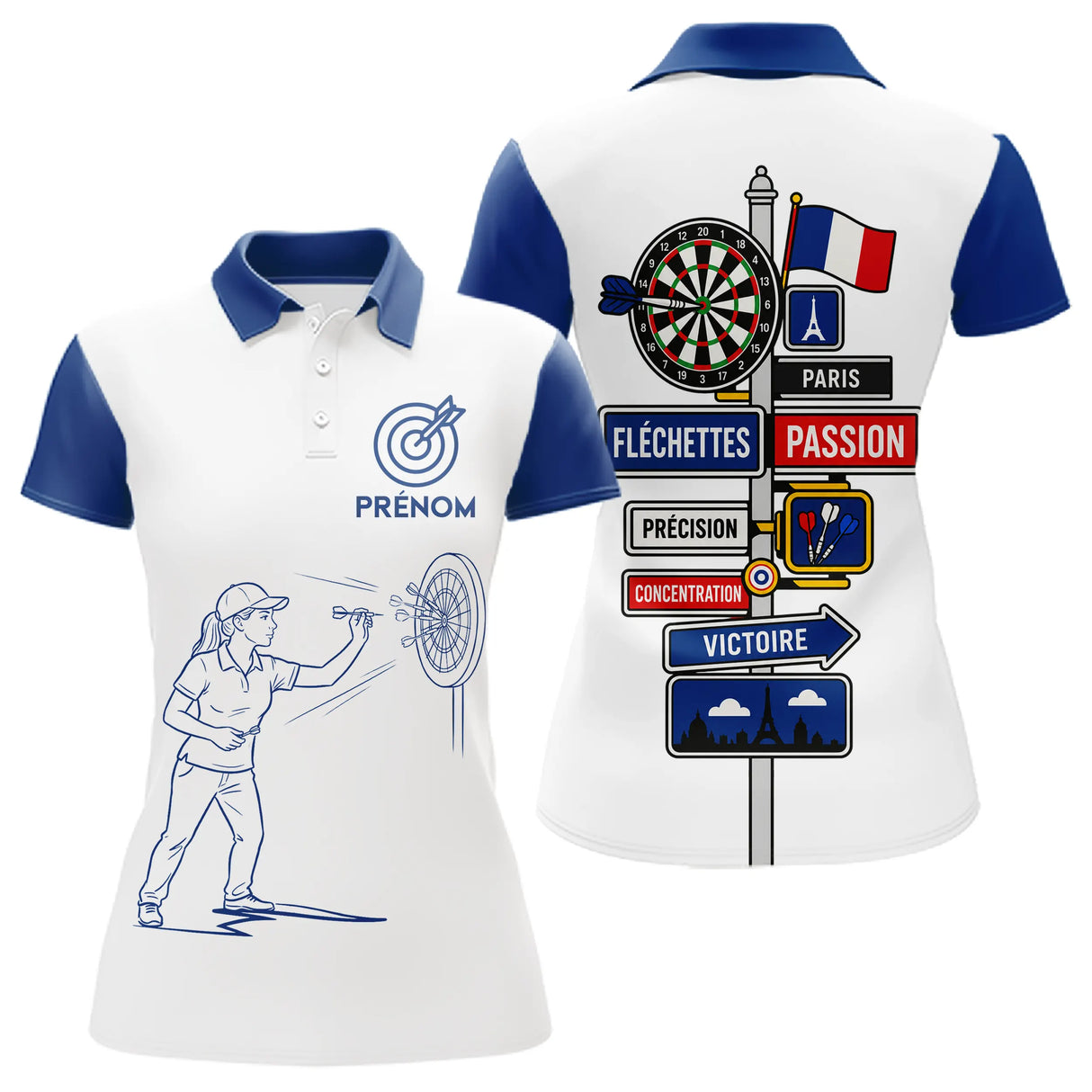 Polo Fléchettes Homme Femme - Cadeau Joueur Bleu Blanc - Polo Femme