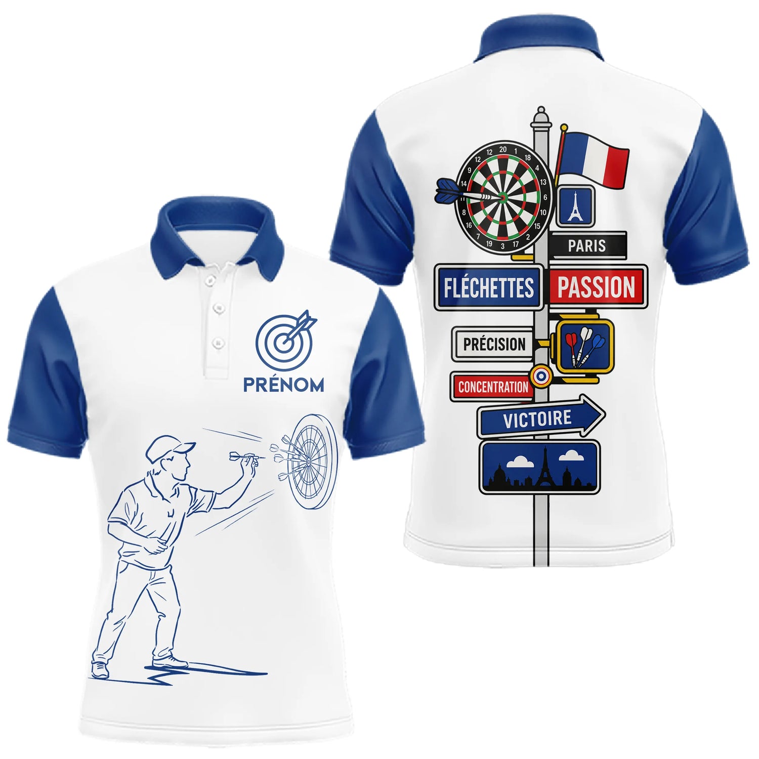 Polo Fléchettes Homme Femme - Cadeau Joueur Bleu Blanc - Polo Homme