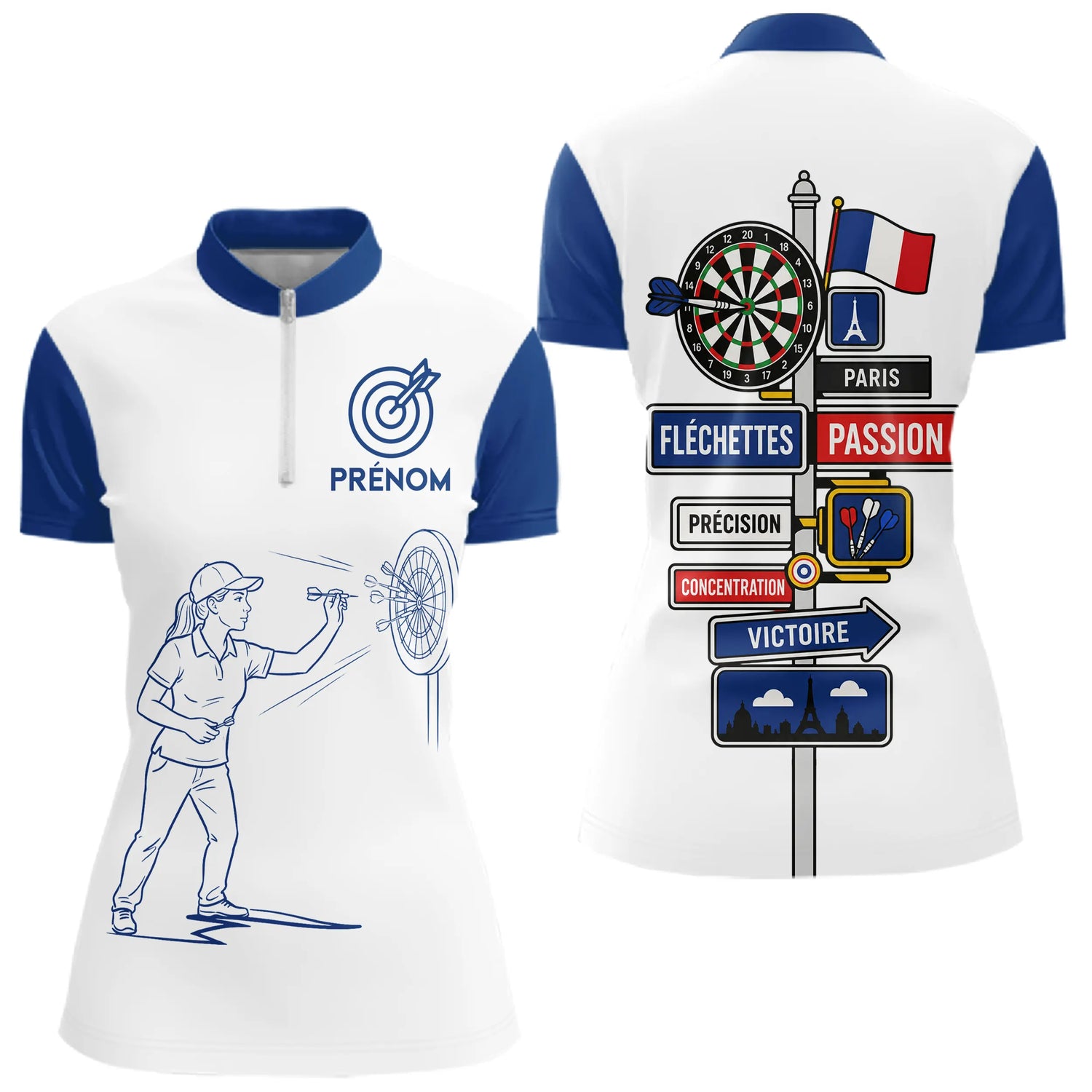 Polo Fléchettes Homme Femme - Cadeau Joueur Bleu Blanc - Polo Zippé Femme