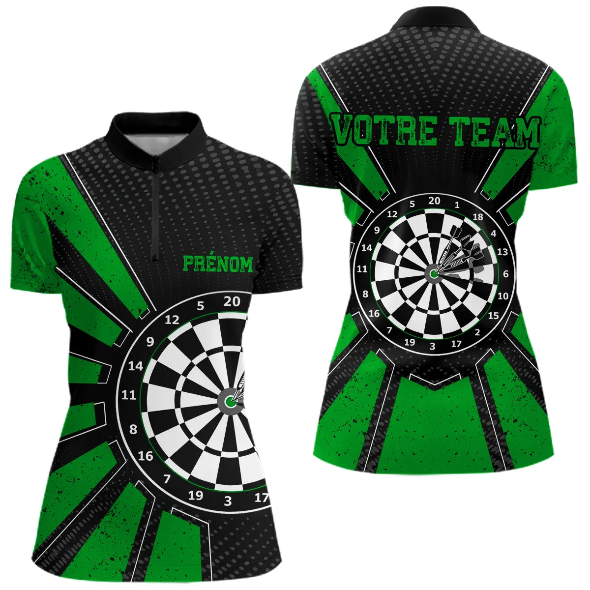 Polo Fléchettes Homme Femme - Cible Bullseye Noir Green - Polo Zippé Femme