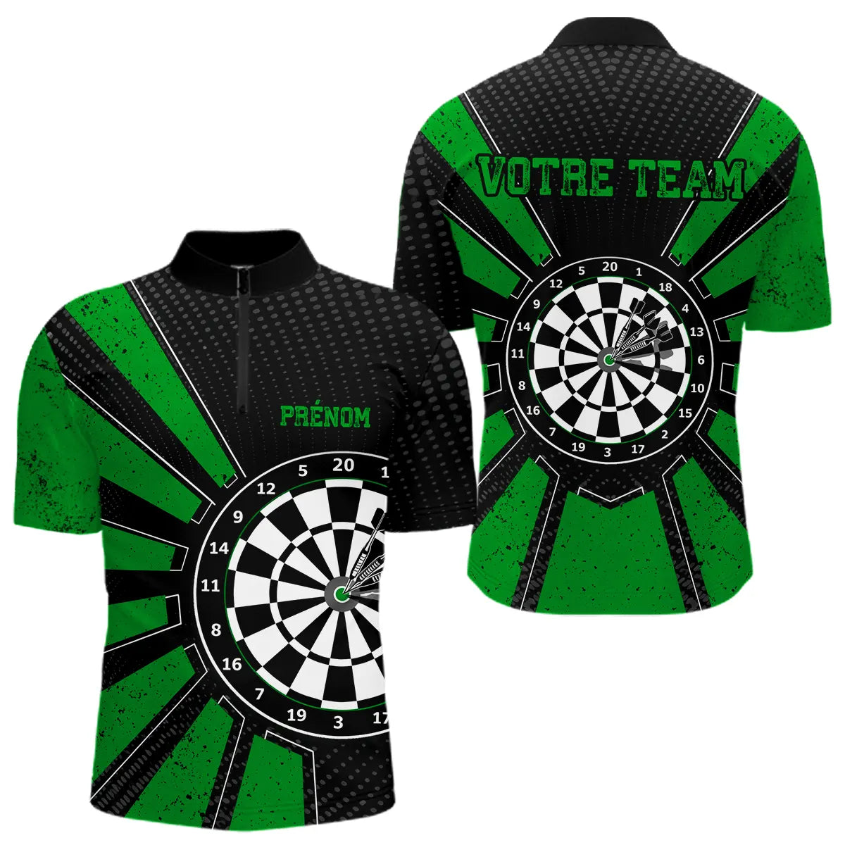 Polo Fléchettes Homme Femme - Cible Bullseye Noir Green - Polo Zippé Homme