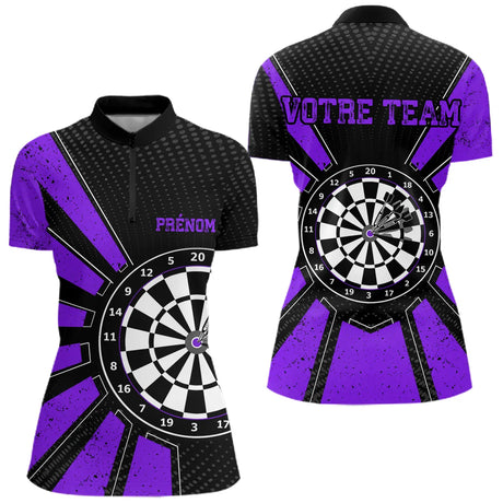 Polo Fléchettes Homme Femme - Cible Bullseye Noir Violet - Polo Zippé Femme