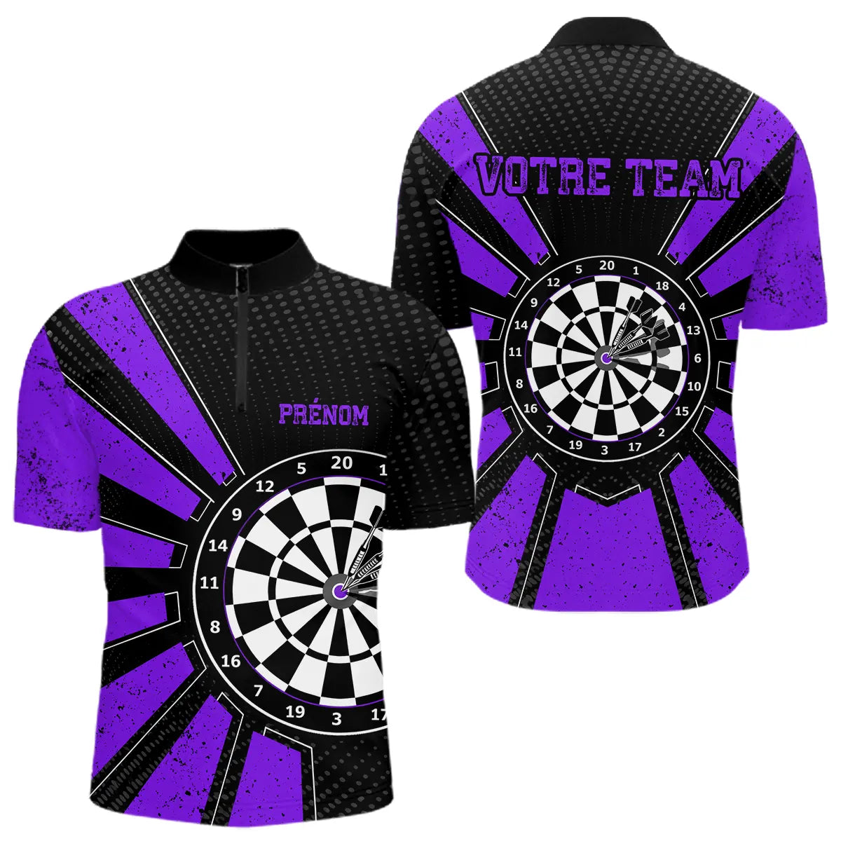 Polo Fléchettes Homme Femme - Cible Bullseye Noir Violet - Polo Zippé Homme