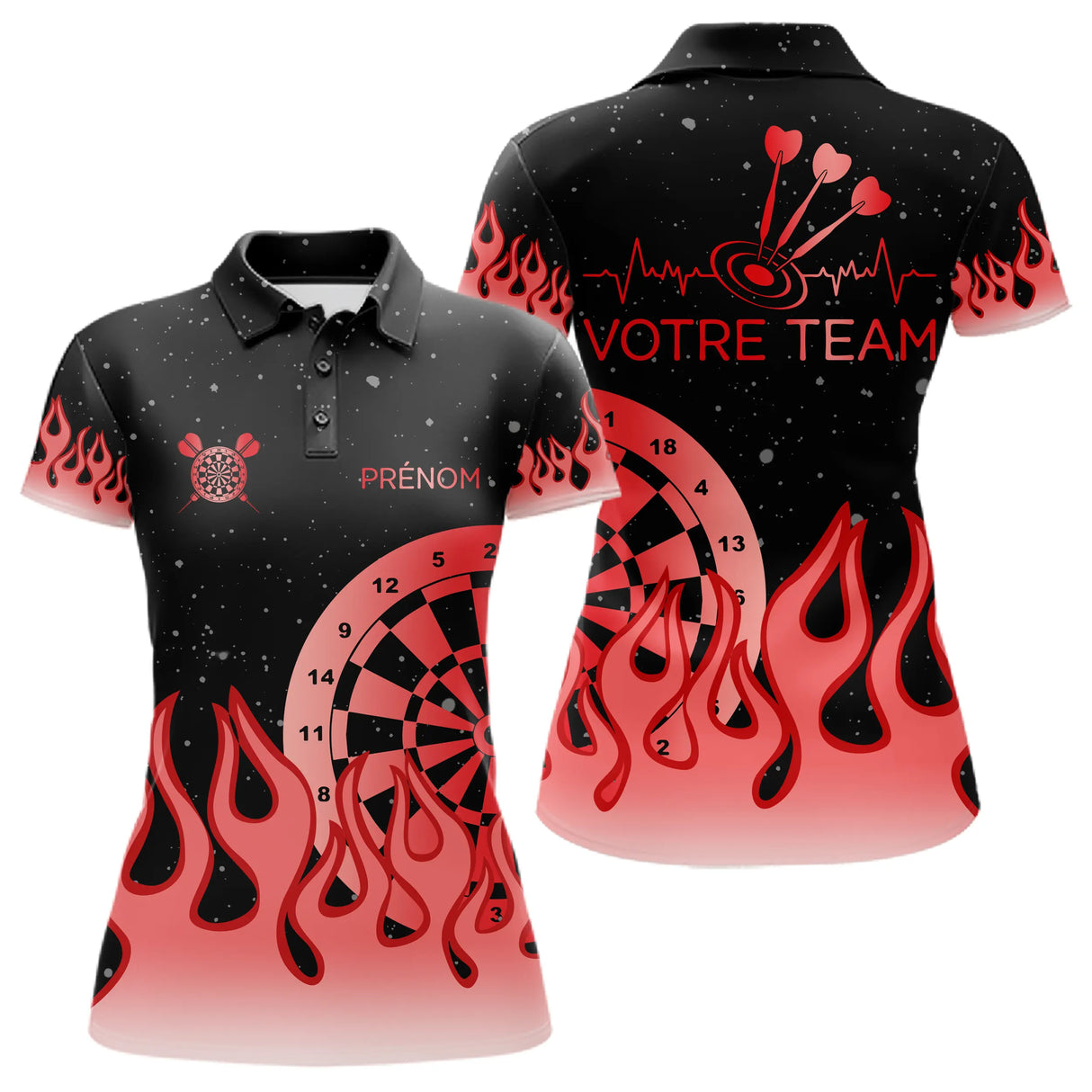 Polo Fléchettes Homme Femme - Noir Rouge Motifs Flammes - Polo Femme