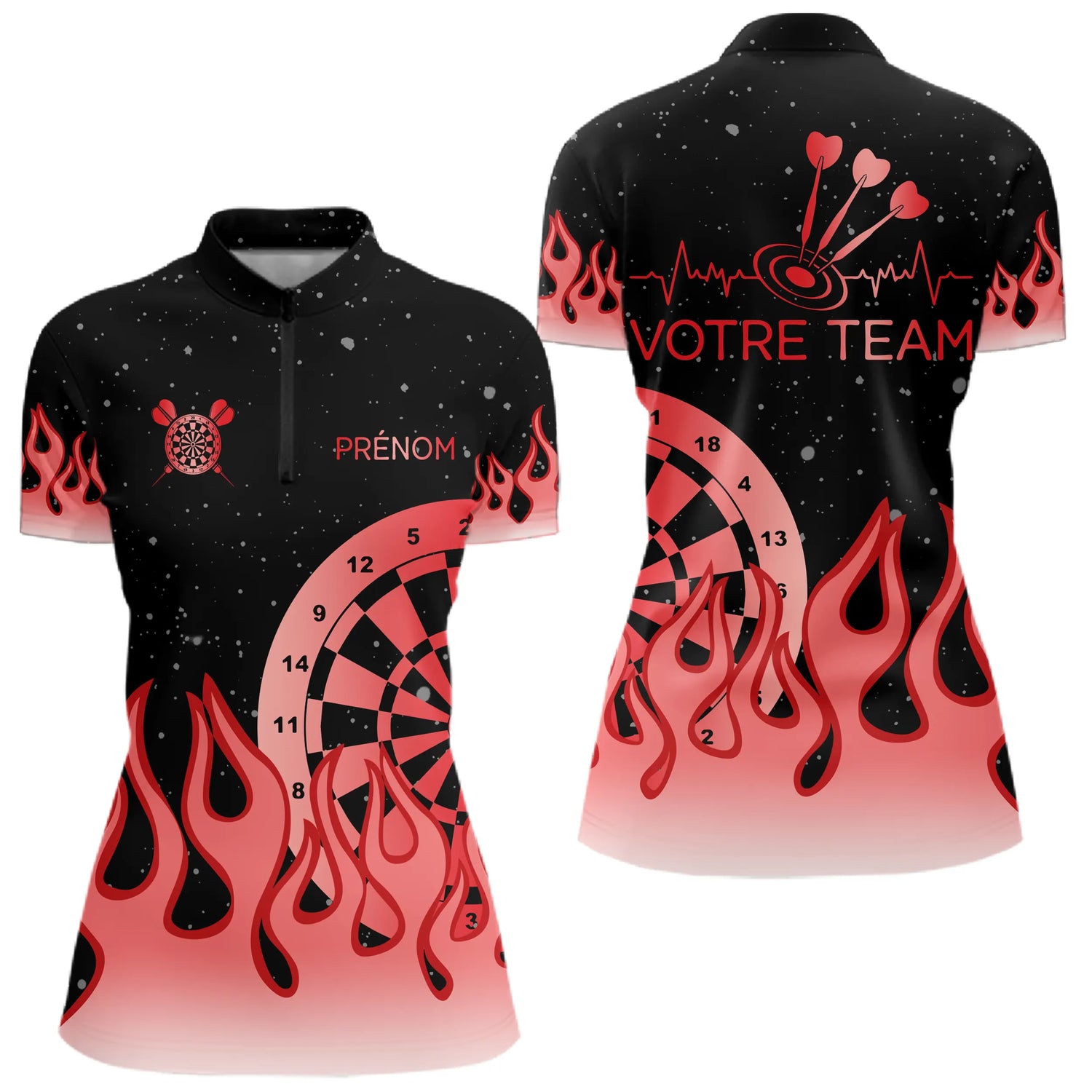 Polo Fléchettes Homme Femme - Noir Rouge Motifs Flammes - Polo Zippé Femme