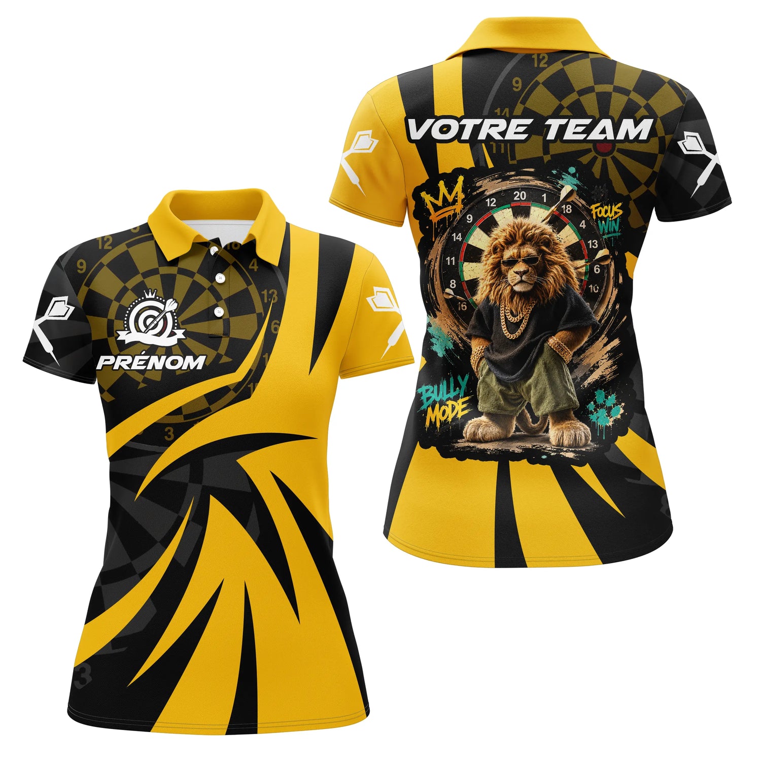 Polo Fléchettes Lion Champion - Style Graffiti Jaune Noir - Polo Femme