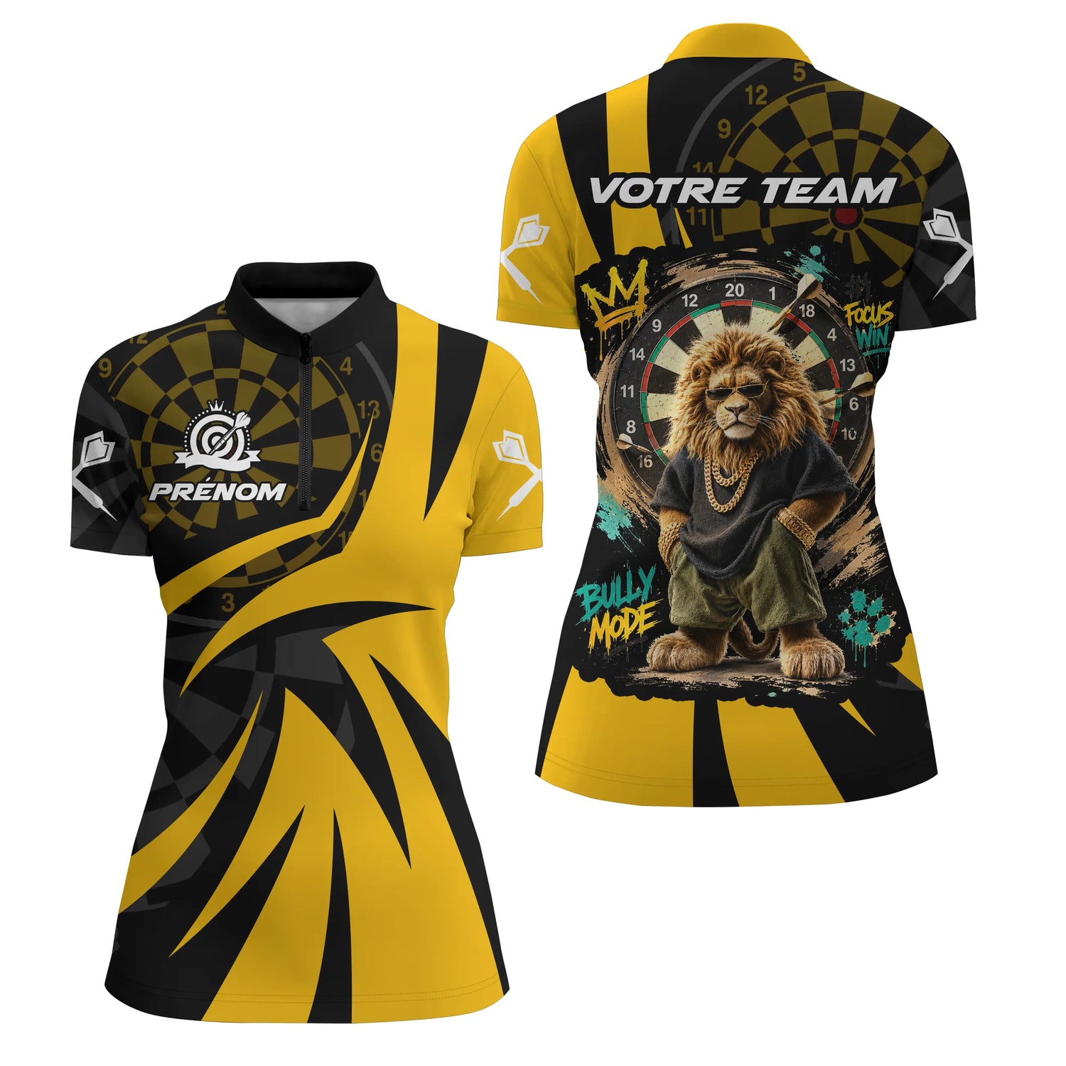 Polo Fléchettes Lion Champion - Style Graffiti Jaune Noir - Polo Zippé Femme