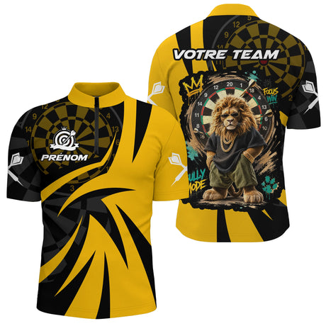 Polo Fléchettes Lion Champion - Style Graffiti Jaune Noir - Polo Zippé Homme