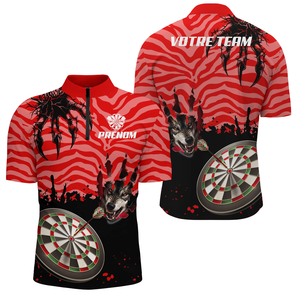 Polo Fléchettes Loup Alpha - Rouge Noir Personnalisé - Polo Zippé Homme