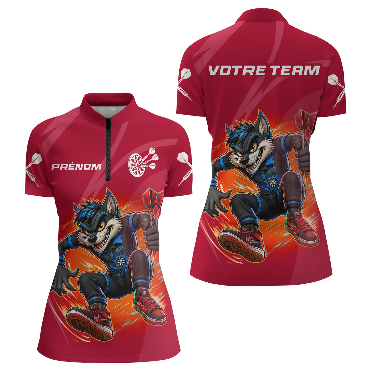 Polo Fléchettes Loup Cartoon - Style Champion Personnalisé - Polo Zippé Femme