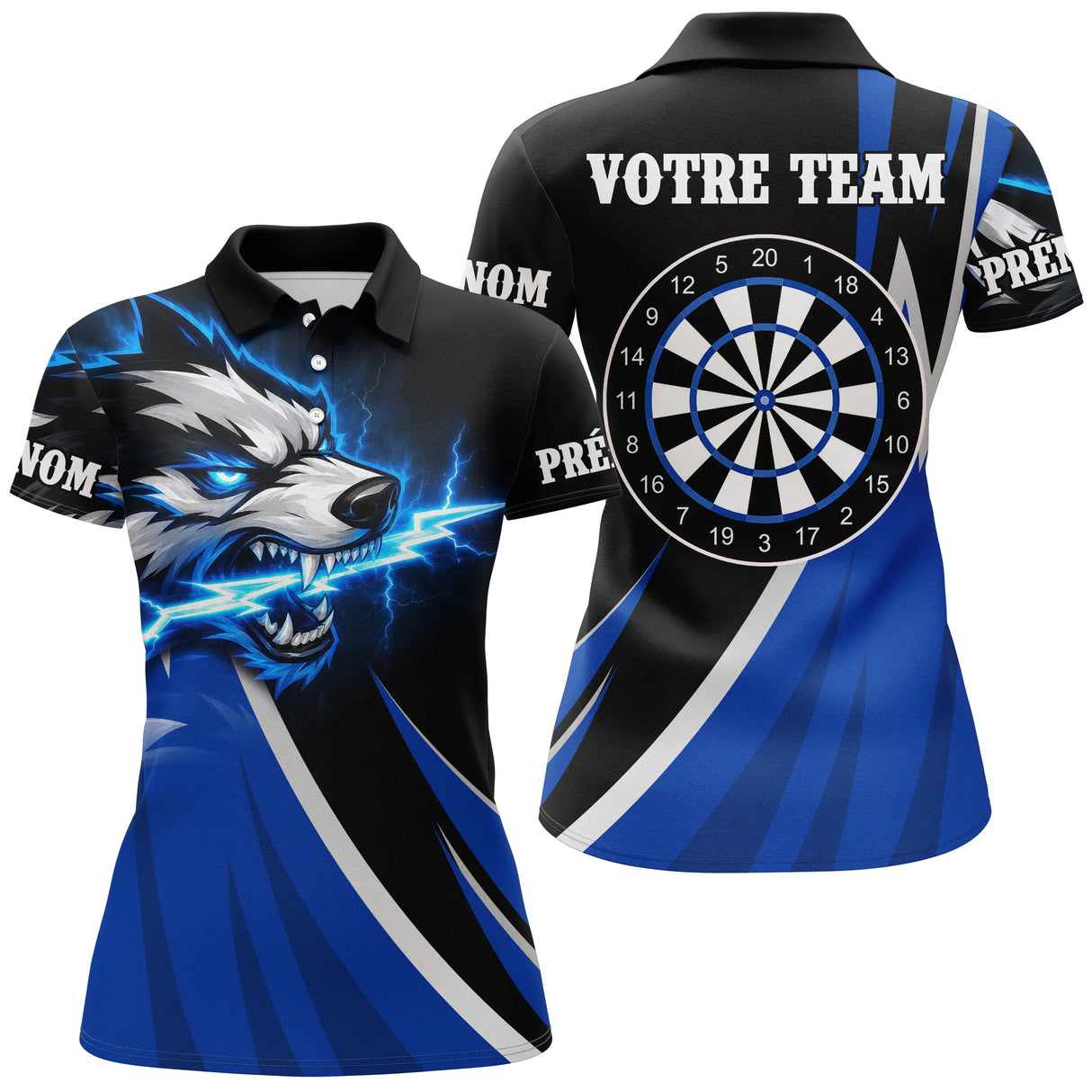 Polo Fléchettes Loup Électrique – Noir & Bleu Personnalisé - Polo Femme