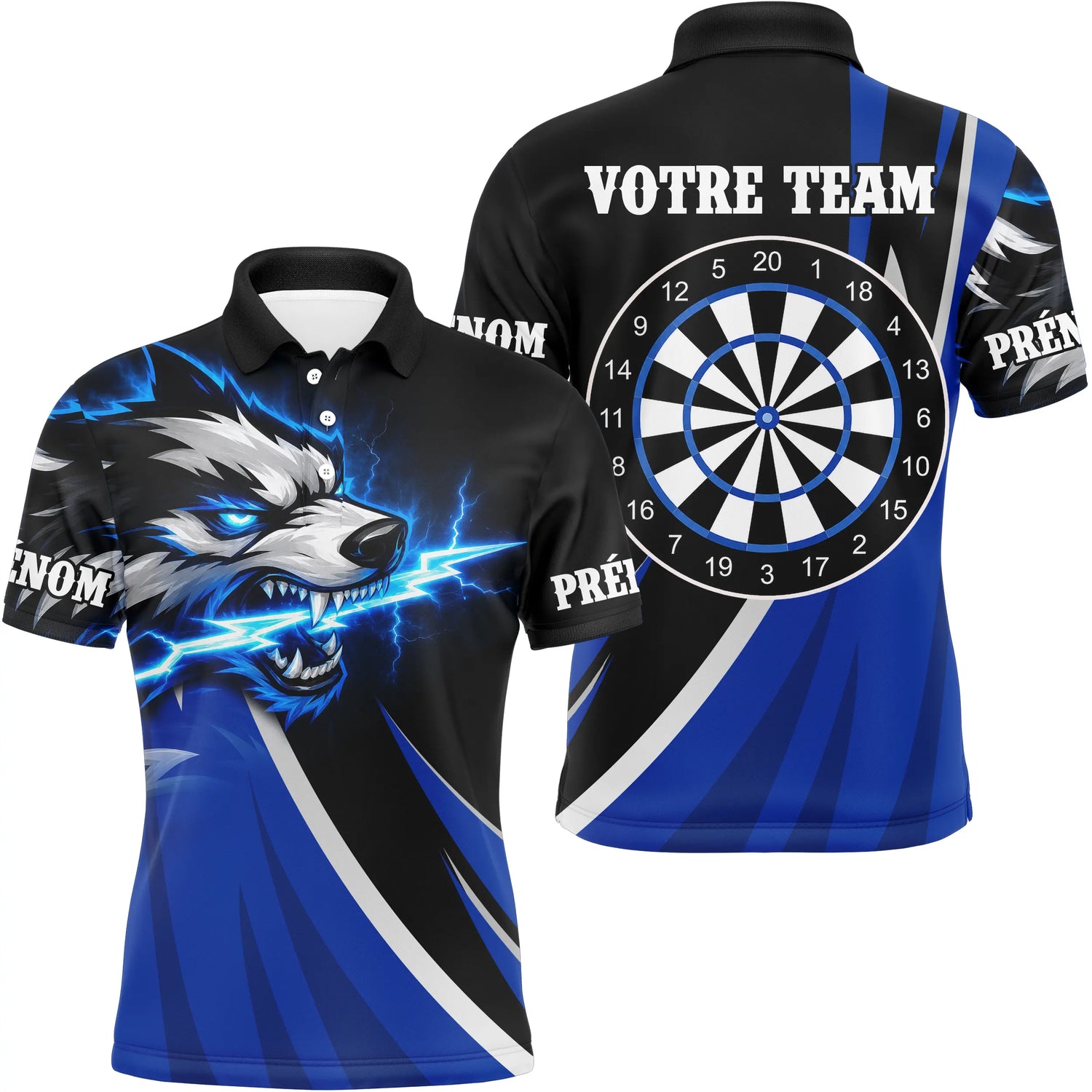 Polo Fléchettes Loup Électrique – Noir & Bleu Personnalisé - Polo Homme