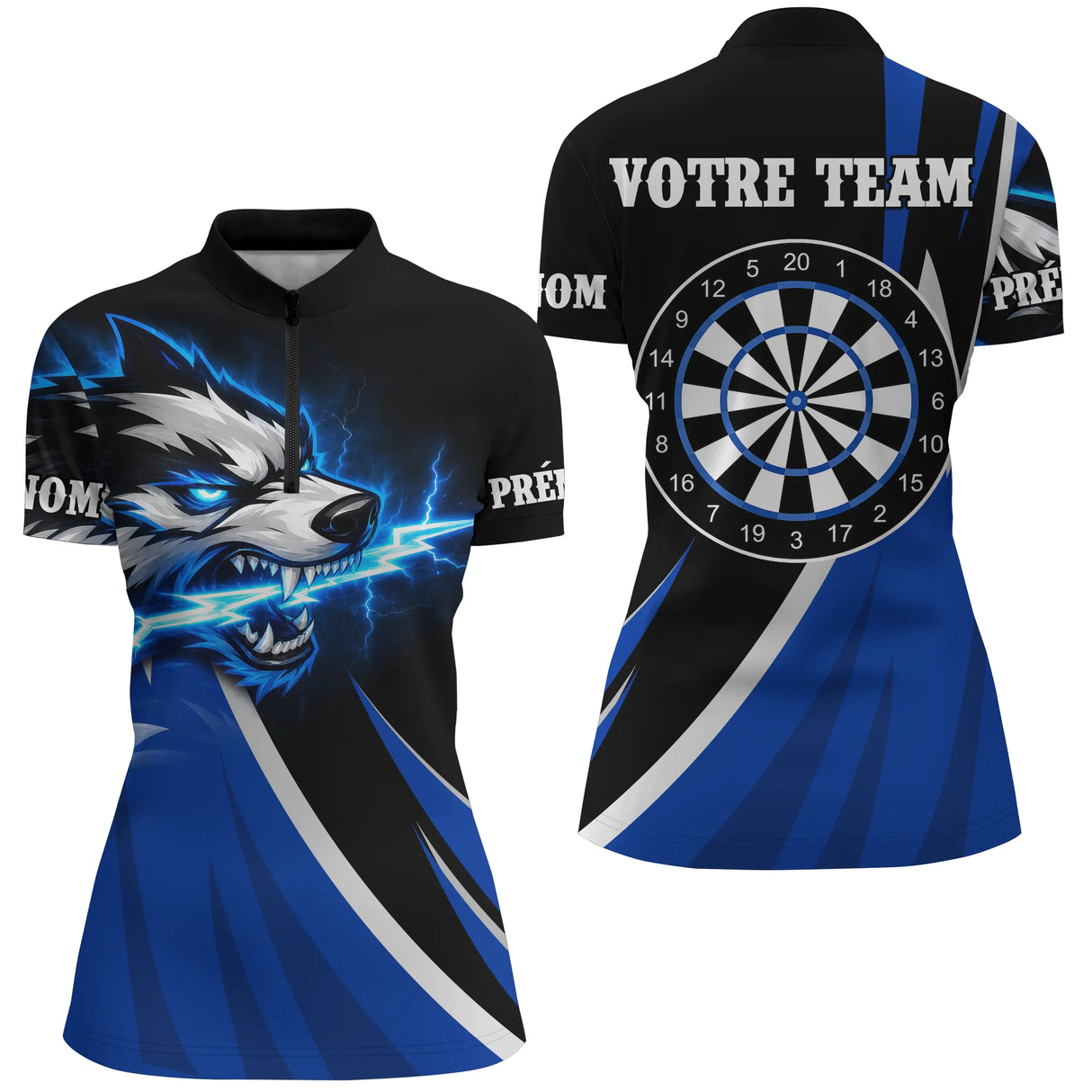 Polo Fléchettes Loup Électrique – Noir & Bleu Personnalisé - Polo Zippé Femme