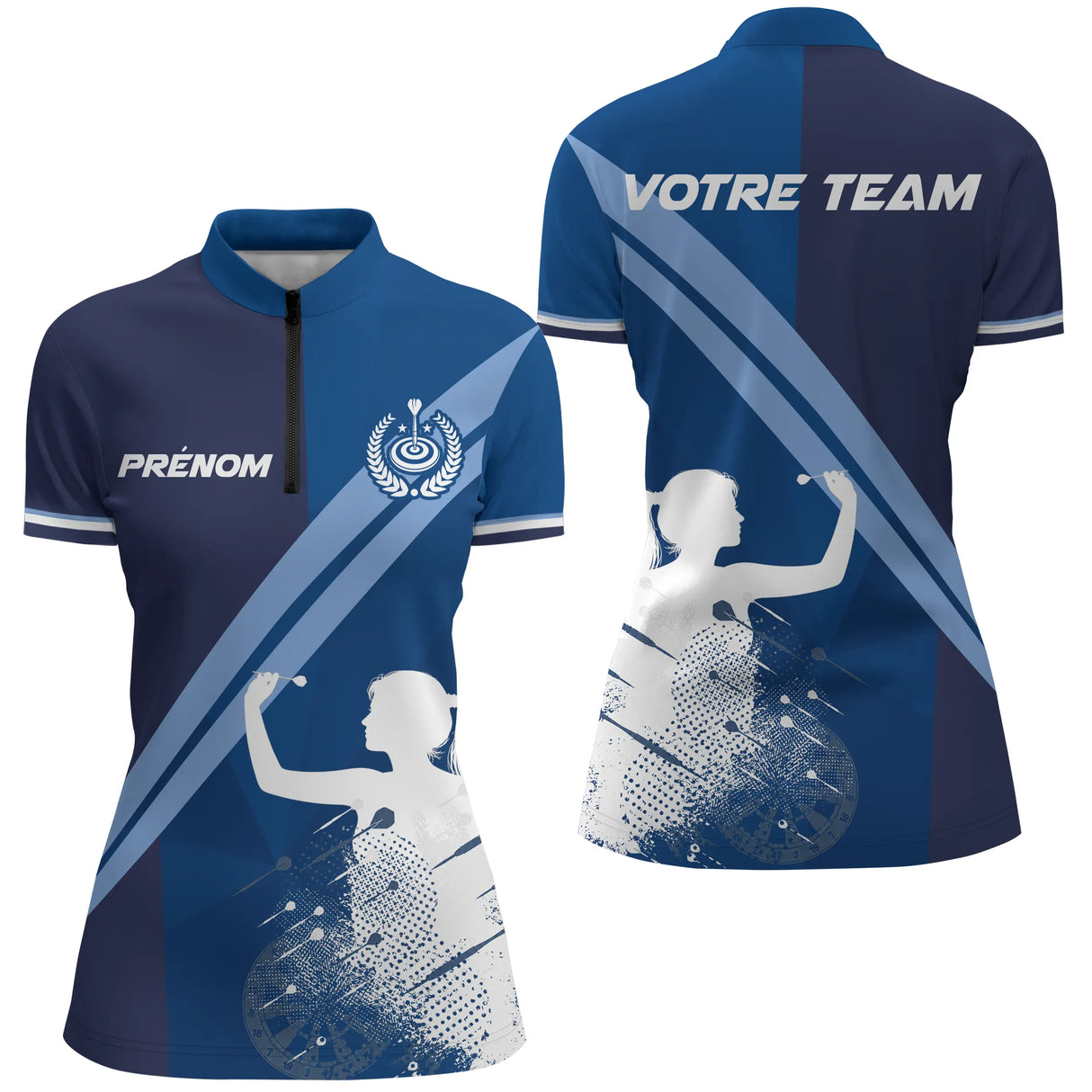 Polo Fléchettes Marine Royal - Silhouette Joueur Personnalisé - Polo Zippé Femme