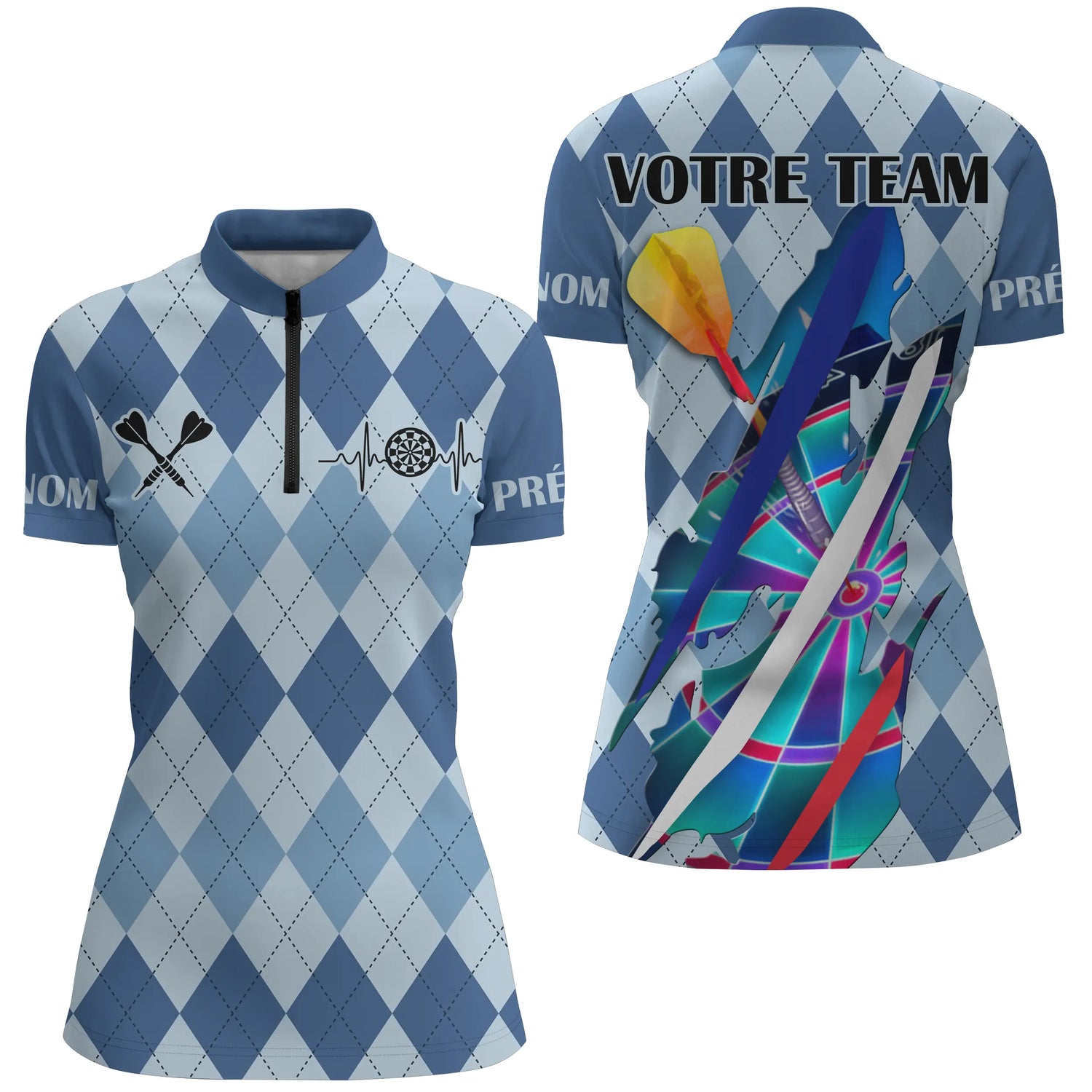 Polo Fléchettes Motif Losanges – Personnalisé Bleu Arlequin - Polo Zippé Femme