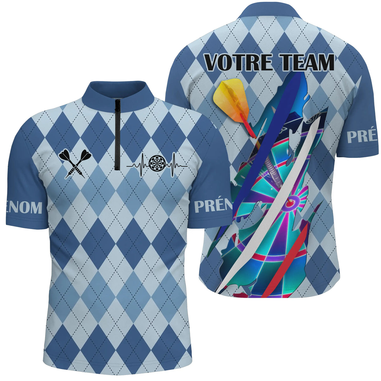 Polo Fléchettes Motif Losanges – Personnalisé Bleu Arlequin - Polo Zippé Homme