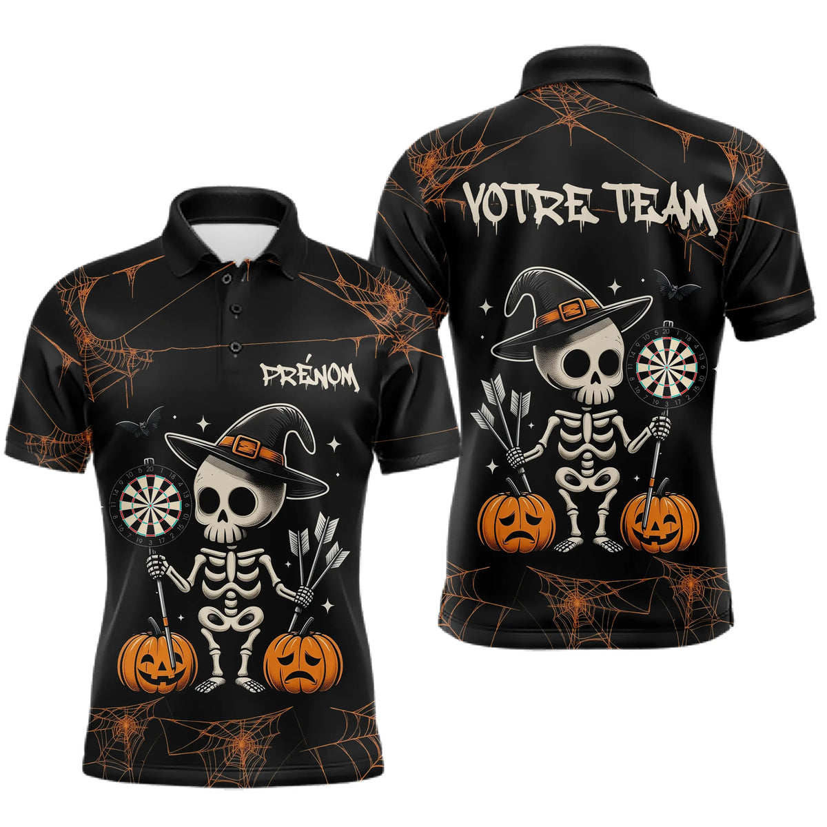 Polo Fléchettes Motif Squelette Citrouille - Noir & Orange - Polo Homme