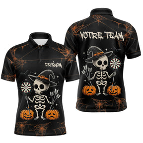 Polo Fléchettes Motif Squelette Citrouille - Noir & Orange - Polo Homme