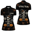 Polo Fléchettes Motif Squelette Citrouille - Noir & Orange - Polo Zippé Femme