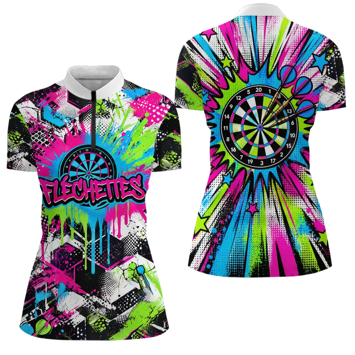 Polo Fléchettes Néon & Graffiti - Style Darts Dynamique - Polo Zippé Femme