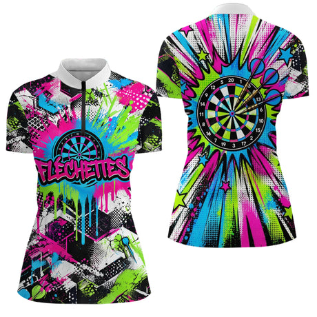Polo Fléchettes Néon & Graffiti - Style Darts Dynamique - Polo Zippé Femme