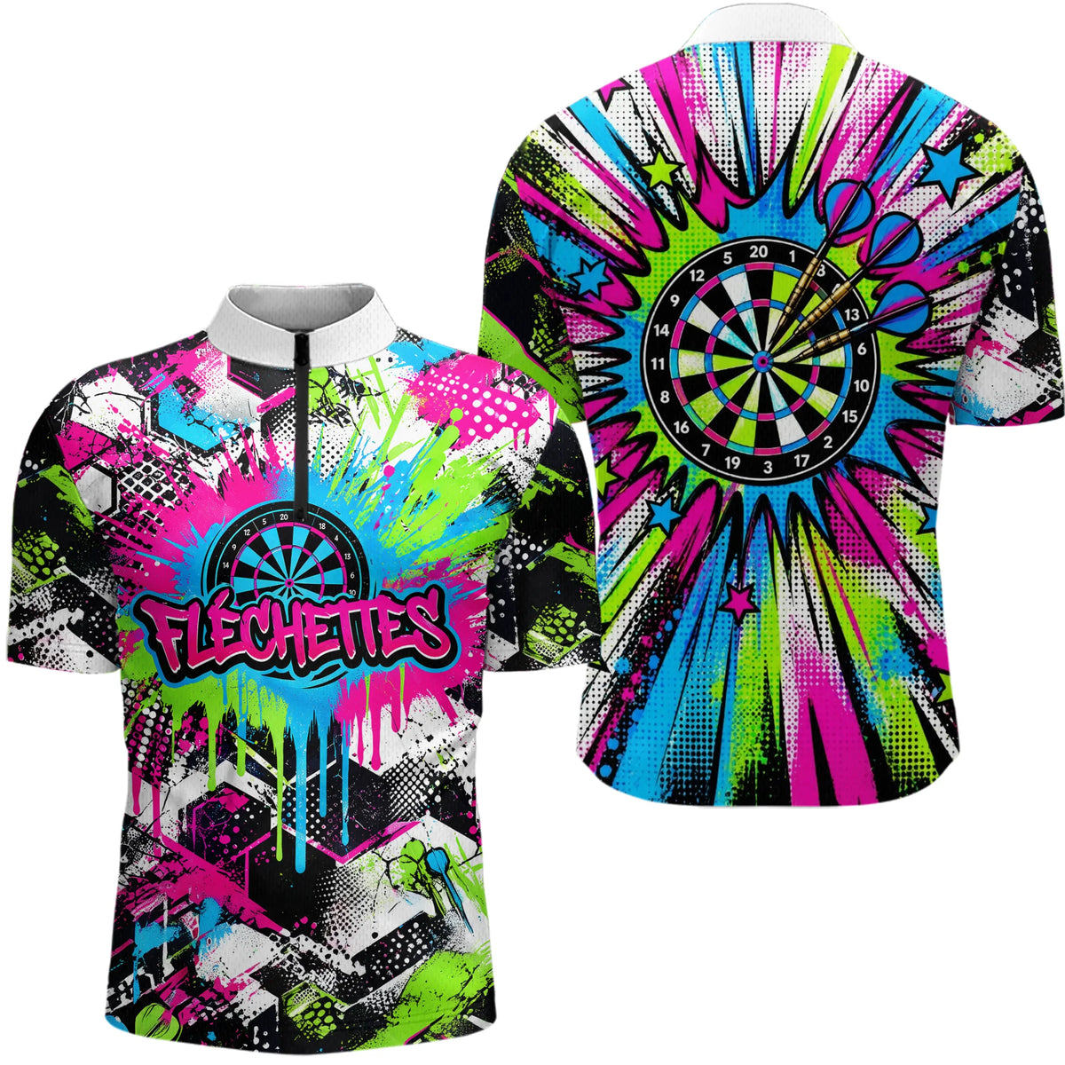 Polo Fléchettes Néon & Graffiti - Style Darts Dynamique - Polo Zippé Homme