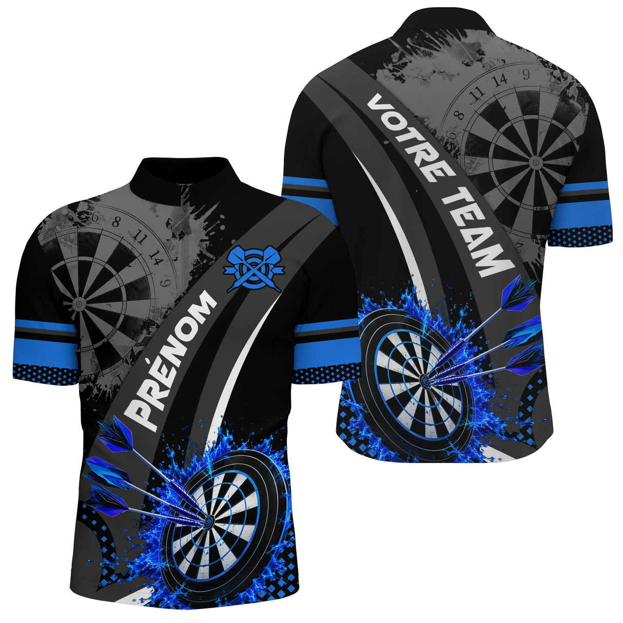 Polo Fléchettes Noir Bleu - Électrique Haute Performance - Polo Zippé Homme