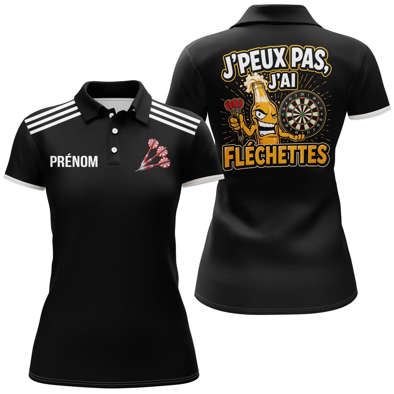 Polo Fléchettes Noir – Bouteille Bière Cartoon - Polo Femme