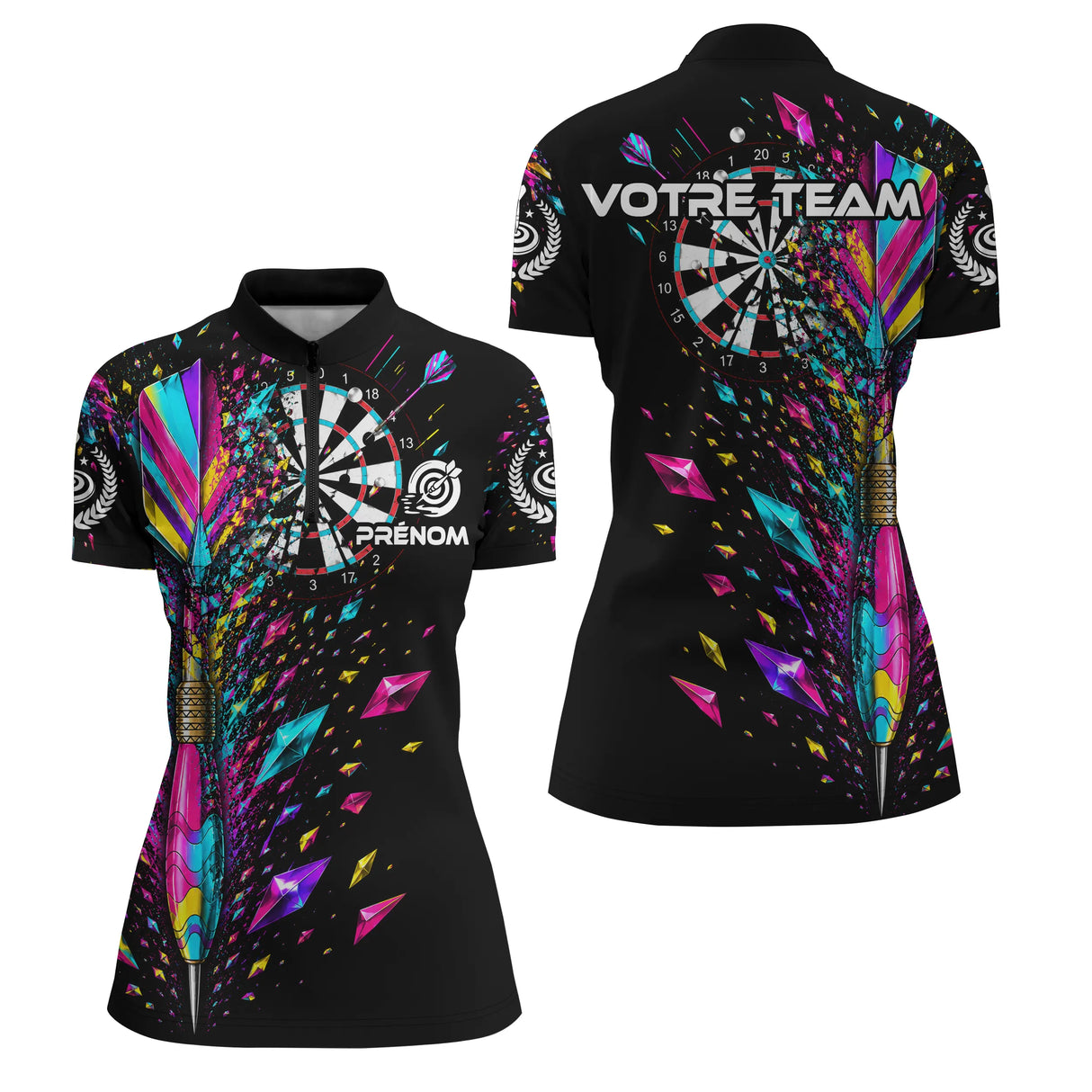 Polo Fléchettes Noir Multicolore - Design Cristaux Éclatants - Polo Zippé Femme