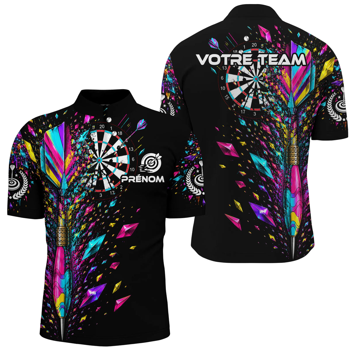 Polo Fléchettes Noir Multicolore - Design Cristaux Éclatants - Polo Zippé Homme
