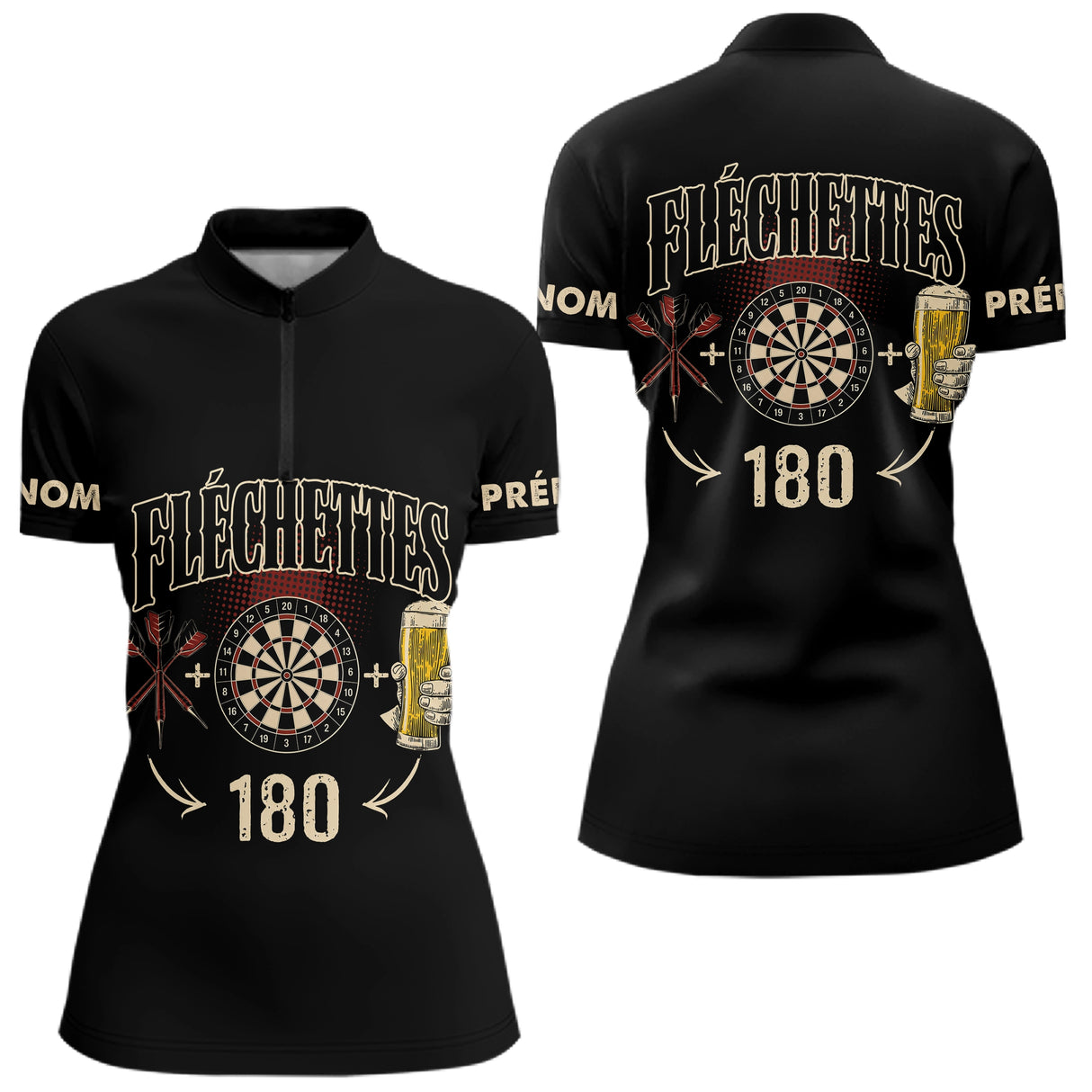 Polo Fléchettes Noir Personnalisé - 180 Bière Homme Femme - Polo Zippé Femme