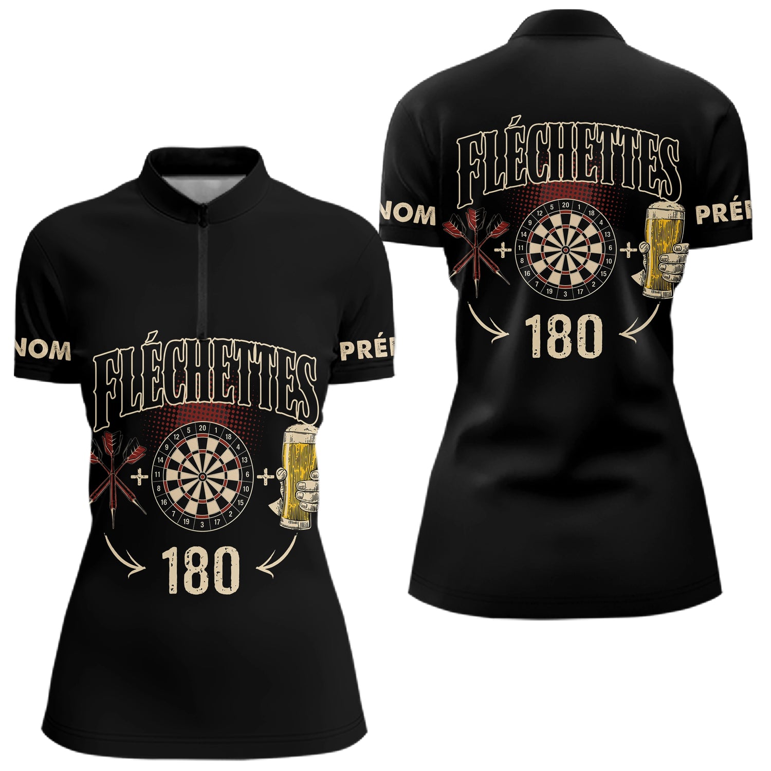 Polo Fléchettes Noir Personnalisé - 180 Bière Homme Femme - Polo Zippé Femme
