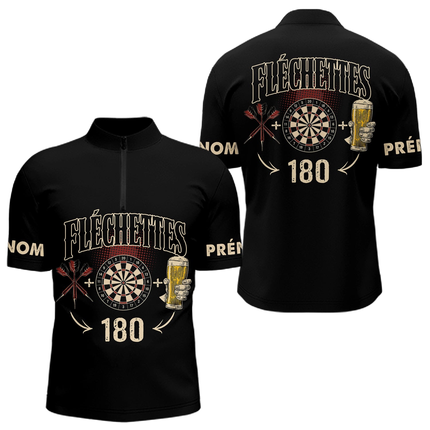 Polo Fléchettes Noir Personnalisé - 180 Bière Homme Femme - Polo Zippé Homme