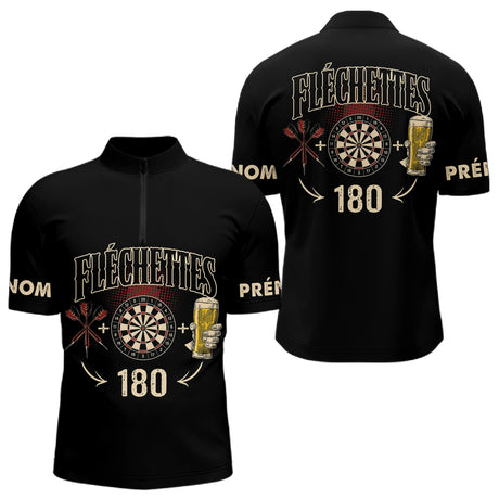 Polo Fléchettes Noir Personnalisé - 180 Bière Homme Femme - Polo Zippé Homme