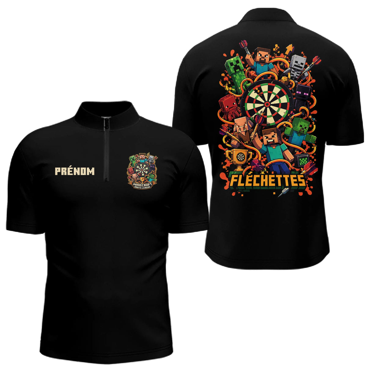 Polo Fléchettes Noir Personnalisé - Style Gamer Minecraft - Polo Zippé Homme