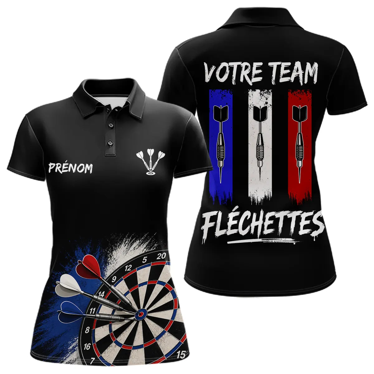 Polo Fléchettes Noir Personnalisé - Équipe  Drapeau Français - Polo Femme