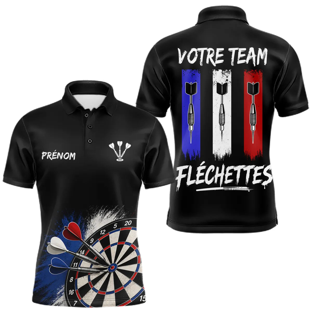 Polo Fléchettes Noir Personnalisé - Équipe  Drapeau Français - Polo Homme