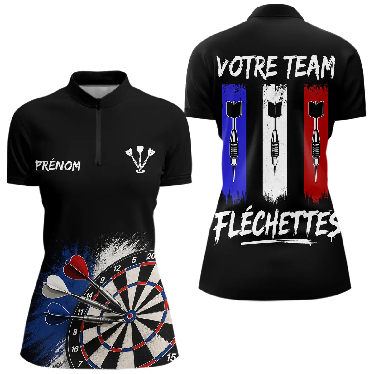 Polo Fléchettes Noir Personnalisé - Équipe  Drapeau Français - Polo Zippé Femme