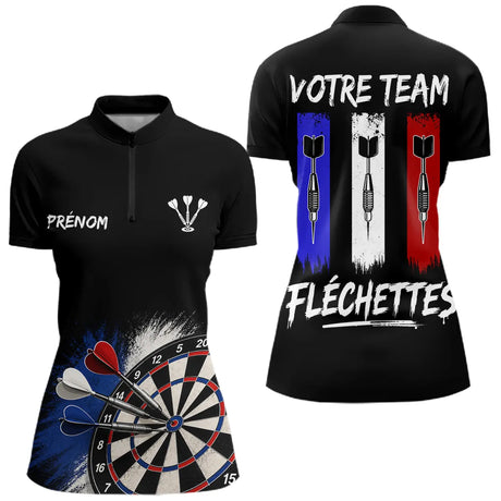 Polo Fléchettes Noir Personnalisé - Équipe  Drapeau Français - Polo Zippé Femme