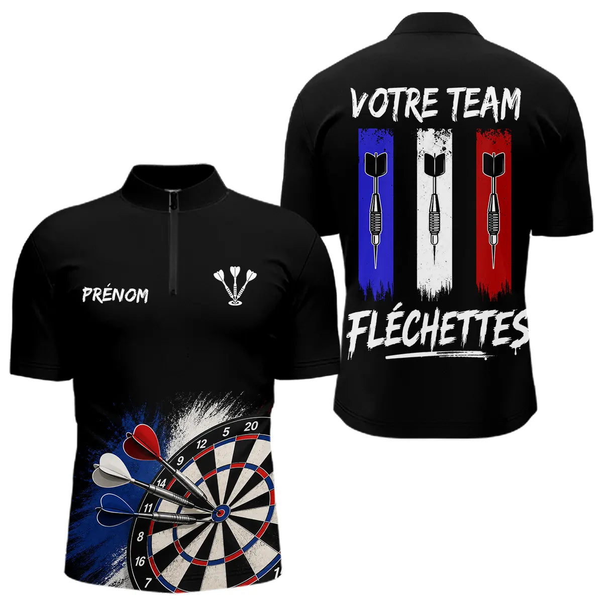 Polo Fléchettes Noir Personnalisé - Équipe  Drapeau Français - Polo Zippé Homme