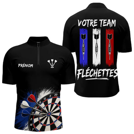 Polo Fléchettes Noir Personnalisé - Équipe  Drapeau Français - Polo Zippé Homme