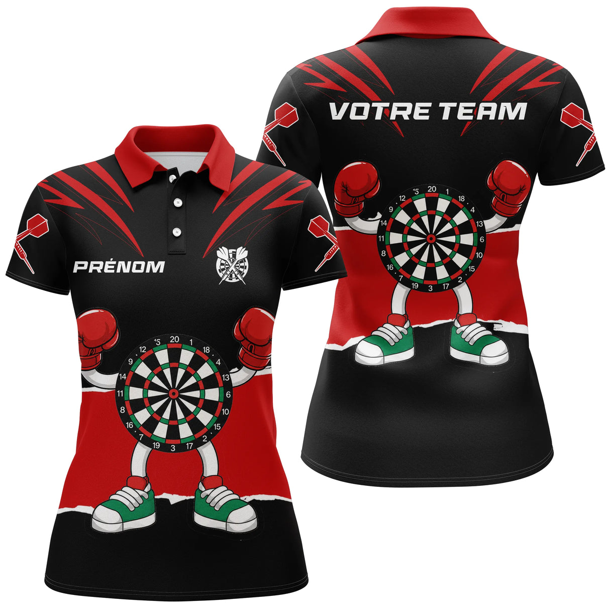 Polo Fléchettes Noir Rouge - Cible Boxeur Cartoon - Polo Femme