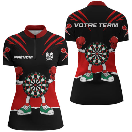 Polo Fléchettes Noir Rouge - Cible Boxeur Cartoon - Polo Zippé Femme