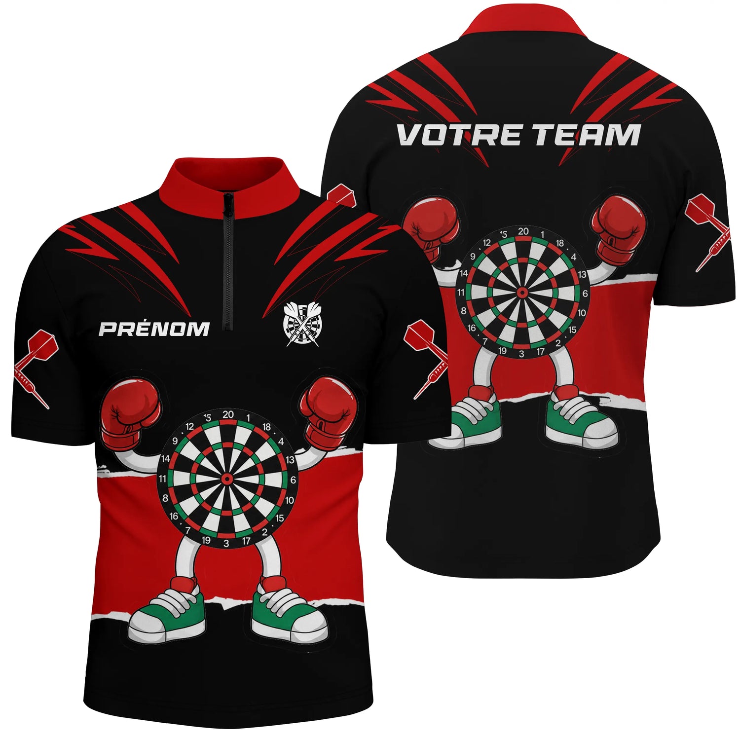 Polo Fléchettes Noir Rouge - Cible Boxeur Cartoon - Polo Zippé Homme