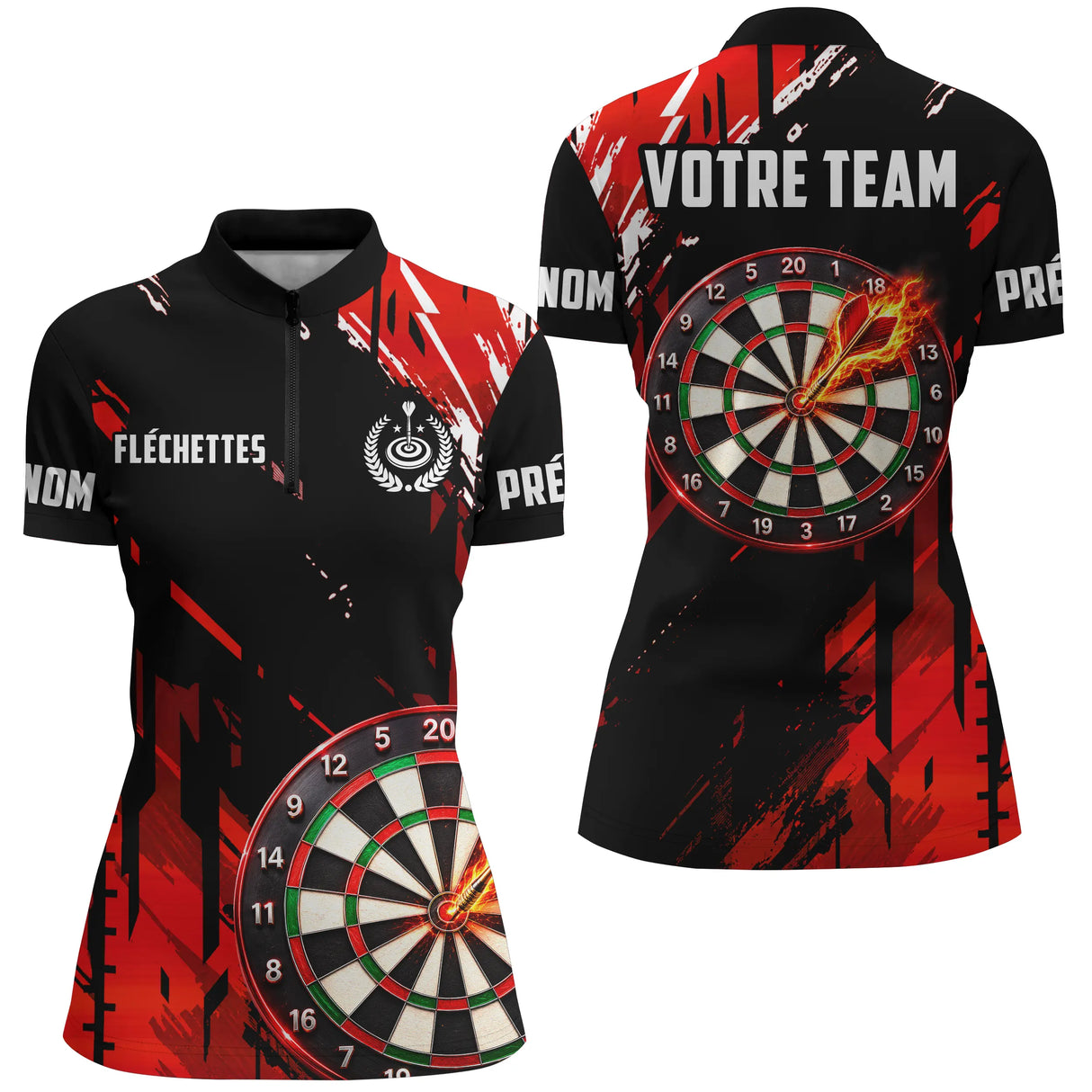 Polo Fléchettes Noir & Rouge Personnalisé – Cible Enflammée - Polo Zippé Femme