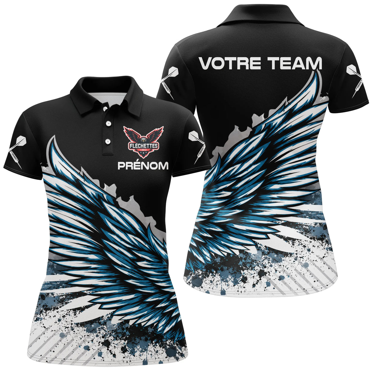 Polo Fléchettes Personnalisé - Ailes Bleues & Noir - Polo Femme